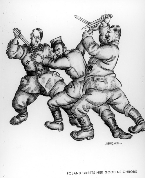 Fotokopia karykatury autorstwa Artura Szyka ukazująca Adolfa Hitlera i Józefa Stalina atakujących żołnierza polskiego. Fot.Datka Czesław, ze zbiorów NAC