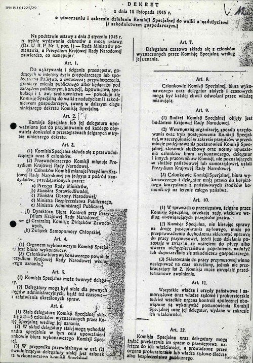Druk zatytułowany: Dekret Rady Ministrów z 16 listopada 1945 roku o utworzeniu i zakresie działania Komisji Specjalnej do Walki z Nadużyciami i Szkodnictwem Gospodarczym