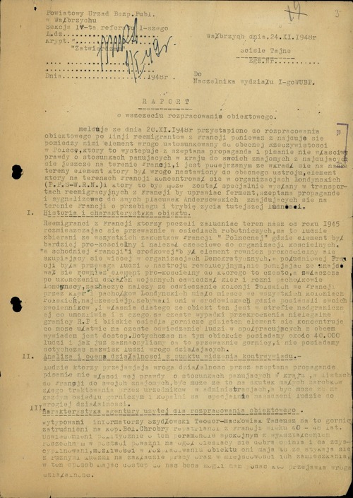 Raport o wszczęciu rozpracowania obiektowego. Wałbrzych, 24 listopada 1948 r. Ze zbiorów AIPN