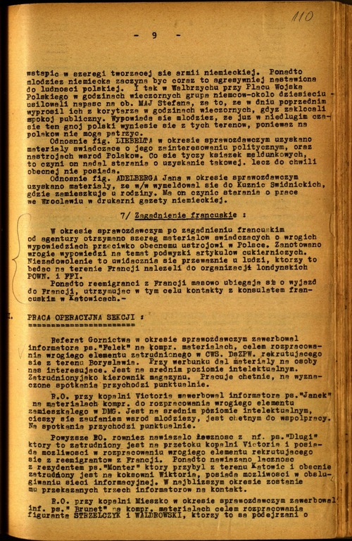 Zagadnienie francuskie, fragment ze sprawozdania miesięcznego PUBP w Wałbrzychu do szefa WUBP we Wrocławiu. Wałbrzych, 3 lipca 1952 r. Ze zbiorów AIPN