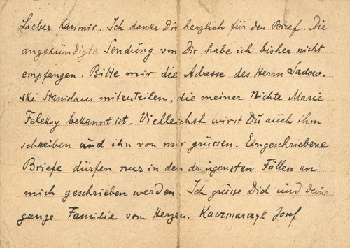 List nadany przez więźnia, księdza Józefa Kaczmarczyka, z niemieckiego obozu koncentracyjnego KL Sachsenhausen