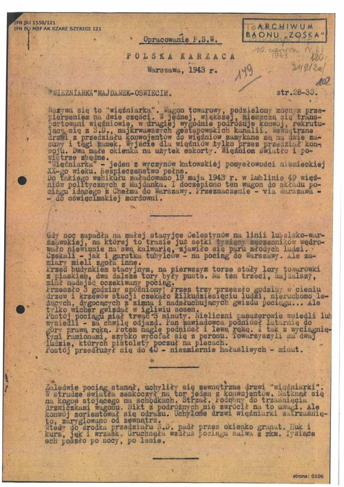 Dokument dotyczący akcji w Celestynowie pochodzący z przechowywanego w zasobie Archiwum IPN w Warszawie depozytu Jerzego Zalewskiego zawierającego wspomnienia i relacje byłych członków batalionu „Zośka”. Ze zbiorów AIPN