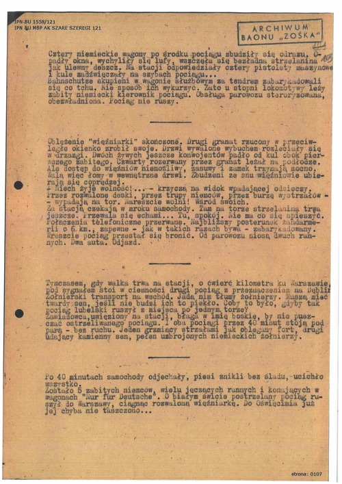 Dokument dotyczący akcji w Celestynowie pochodzący z przechowywanego w zasobie Archiwum IPN w Warszawie depozytu Jerzego Zalewskiego zawierającego wspomnienia i relacje byłych członków batalionu „Zośka”. Ze zbiorów AIPN