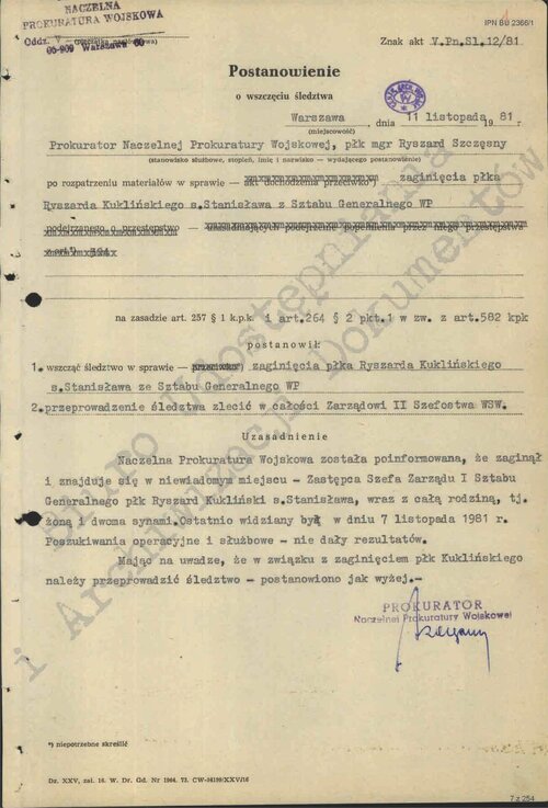 Postanowienie Naczelnej Prokuratury Wojskowej o wszczęciu śledztwa w sprawie zaginięcia płk. Ryszarda Kuklińskiego z 11 listopada 1981 r. Z zasobu AIPN