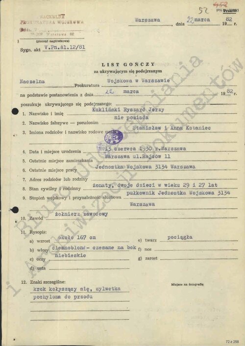 List Gończy Naczelnej Prokuratury Wojskowej za płk. Ryszardem Kuklińskim z 22 marca 1982 r.  Z zasobu AIPN
