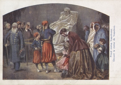 Obraz Artura Grottgera „Przed posągiem Napoleona” na pocztówce ze zbiorów Biblioteki Narodowej