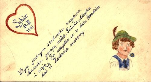 Kartka urodzinowa dla matki wykonana w okresie zesłania w głąb Związku Sowieckiego, 10 marca 1941 r. Z zasobu AIPN
