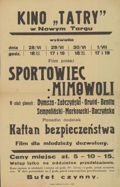 Afisz promujący pokaz filmu „Sportowiec mimo woli” w 1945 r., ze zbiorów Biblioteki Narodowej