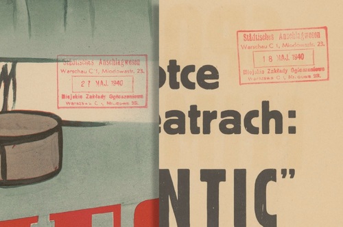 Pieczątki Miejskich Zakładów Ogłoszeniowych umieszczone na afiszach z 1940 r. promujących film „Sportowiec mimo woli”, ze zbiorów Biblioteki Narodowej