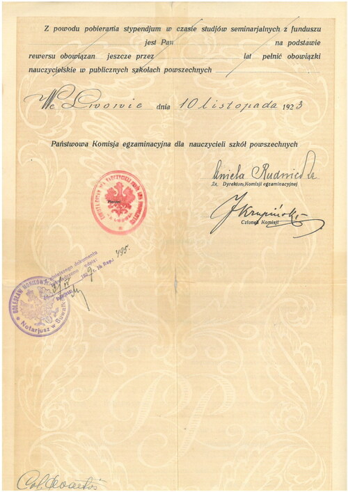 Patent na nauczycielkę szkół powszechnych wydany Józefie Kowaliszyn przez Państwową Komisję Egzaminacyjną dla Nauczycieli Szkół Powszechnych we Lwowie, z datą 10 listopada 1923 roku