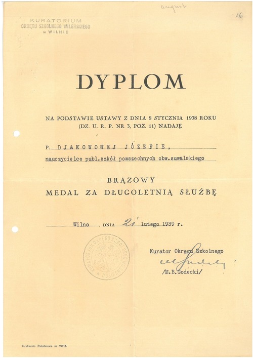 Dyplom nadania Józefie Diakow z domu Kowaliszyn Brązowego Medalu za Długoletnią Służbę