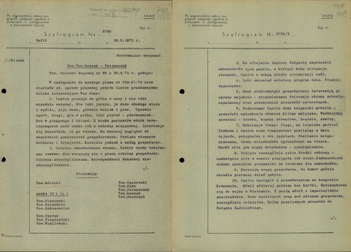 Szyfrogram z 26 maja 1972 r. dotyczący przyzwyczajeń Fidela Castro. Z zasobu AIPN