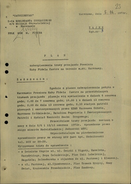Pierwsza strona planu zabezpieczenia trasy przejazdu Fidela Castro na terenie m. st. Warszawy z dnia 5 czerwca 1972 r. Z zasobu AIPN