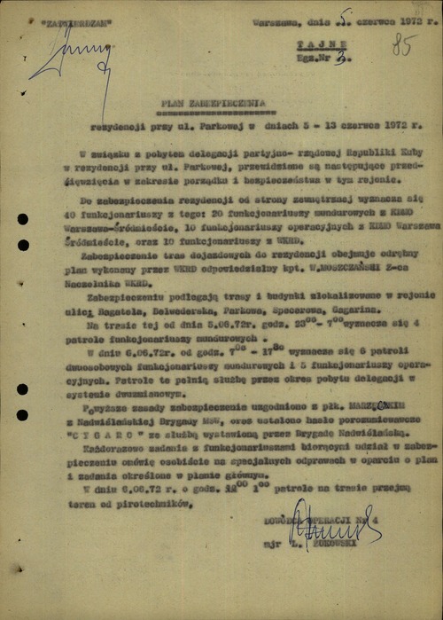 Plan zabezpieczenia rezydencji przy ul. Parkowej w Warszawie z dnia 5 czerwca 1972 r. Z zasobu AIPN