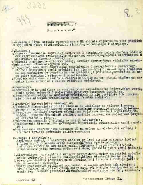 Rozkaz nr 7 Kierownictwa Głównego Gwardii Ludowej z czerwca 1943 roku