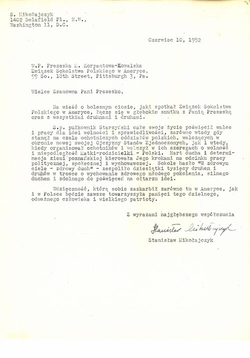 Kondolencje Stanisława Mikołajczyka skierowane do władz Sokolstwa, 10 czerwca 1952 r. Ze zbiorów AIPN