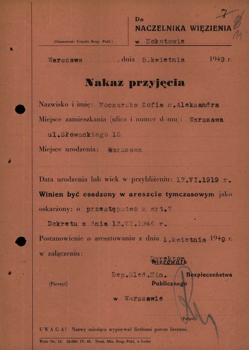 Nakaz przyjęcia Zofii Moczarskiej do więzienia mokotowskiego