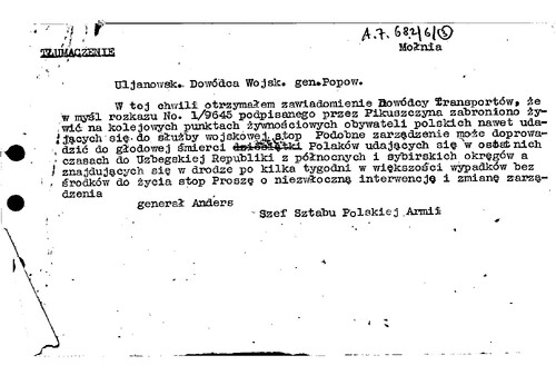 One of many documents showing how the Soviet Union treated the citizens of the Second Republic of Poland after the “amnesty” of 1941. The document says: “I have just received the order from the Commander of Transports that under the order No. 1/9645, signed by Pikushchyn, it is now forbidden to feed Polish citizens, even those who are on their way to join the military. Such orders could lead to death by starvation of hundreds of Poles on their way to Uzbekistan from the northern and Siberian districts (…). I demand an immediate intervention and a change of these orders. Signed by General Anders, the Polish Army Chief of Staff.” Photo from the archives of the Institute of National Remembrance