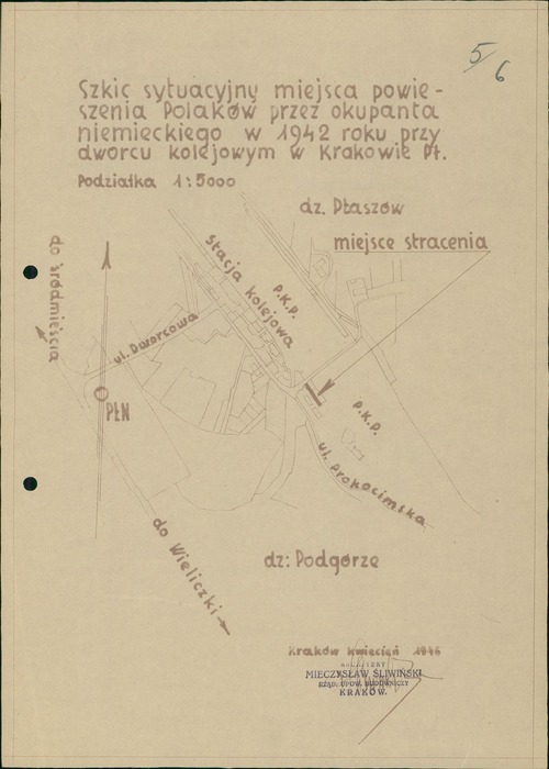 Plan miejsca egzekucji sporządzony na potrzeby śledztwa prowadzonego po wojnie przez Okręgową Komisję Badania Zbrodni Niemieckich w Krakowie w 1946 r. Ze zbiorów AIPN