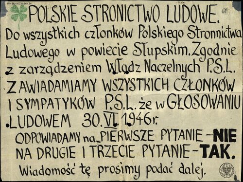 Odręcznie napisana ulotka Polskiego Stronnictwa Ludowego zawierająca instrukcję głosowania na poszczególne pytania w referendum. Z zasobu AIPN