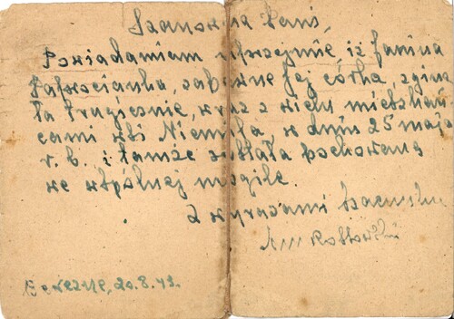 Datowana na 20 sierpnia 1943 r. odręczna informacja o śmierci Janiny Paprocianki, przesłana do matki ofiary, Katarzyny, przez ks. M. Rostowskiego. Z zasobu IPN (dar prywatny Włodzimierza Filipiaka)