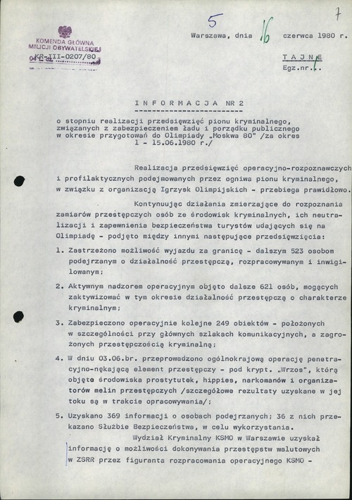 Pierwsza strona Informacji nr 2 o stopniu realizacji przedsięwzięć pionu kryminalnego związanych z zabezpieczeniem XXII Letnich Igrzysk Olimpijskich „Moskwa 80” podjętych w dniach 1–15 czerwca 1980 r. Ze zbiorów AIPN