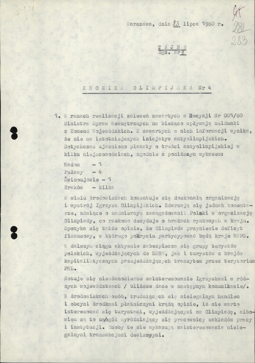 Informacja dotycząca sytuacji w kraju i działań podjętych w związku z igrzyskami w Moskwie (pierwsza strona), 23 lipca 1980 r. Ze zbiorów AIPN