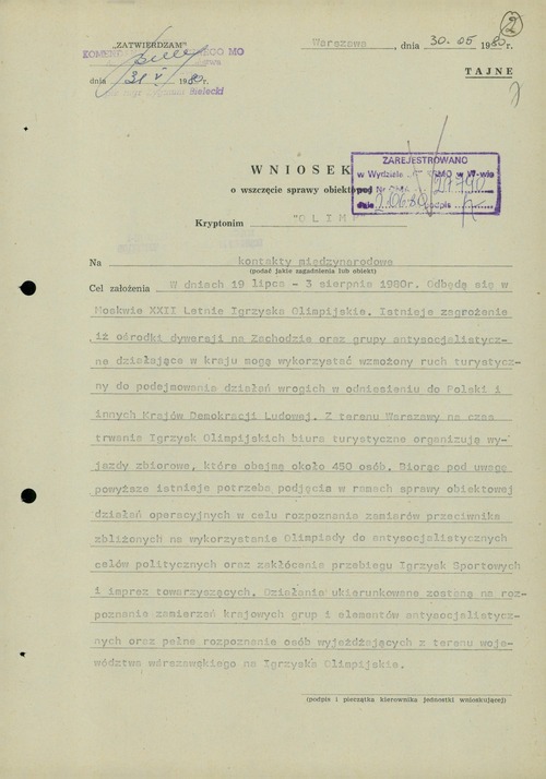 Wniosek o wszczęcie sprawy obiektowej krypt. „Olimp” (pierwsza strona), 30 maja 1980 r. Ze zbiorów AIPN