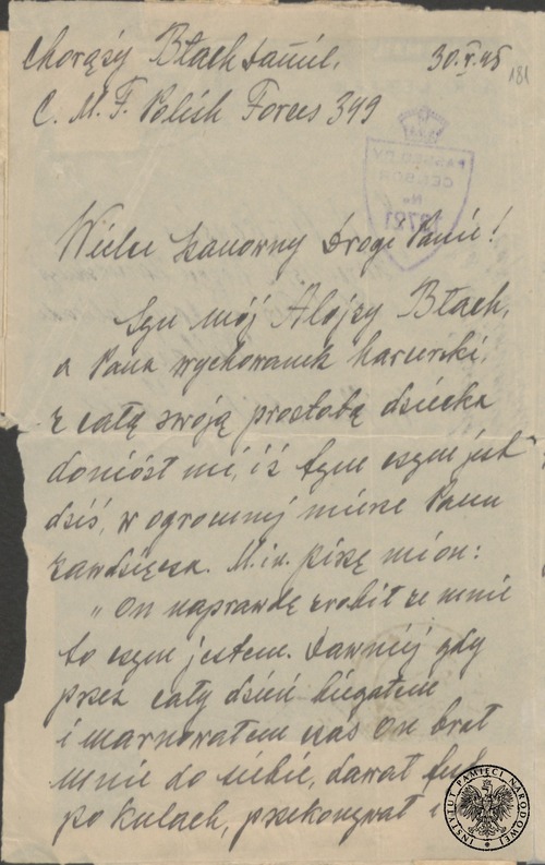 Pierwsza strona listu chorążego Daniela Błacha do hm. Zdzisława Peszkowskiego, 30 maja 1945 r. Fot. z zasobu AIPN
