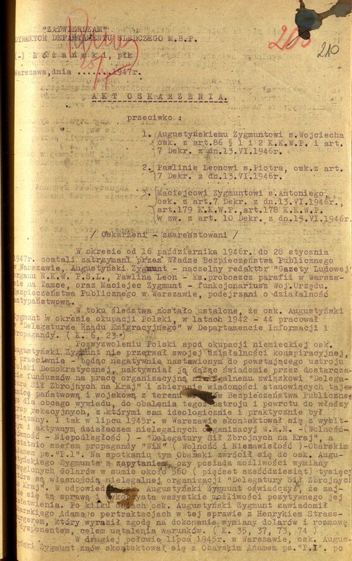 Akt oskarżenia w sprawie przeciwko Zygmuntowi Augustyńskiemu, Lenowi Pawlinie i Zygmuntowi Maciejcowi, Warszawa, 25 lipca 1947 r. Z zasobu AIPN