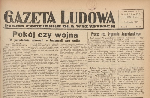 Pierwsza strona „Gazety Ludowej” z 3 sierpnia 1947 r.