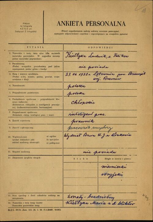 Pierwsza strona ankiety personalnej Ludwika Kiełtyki