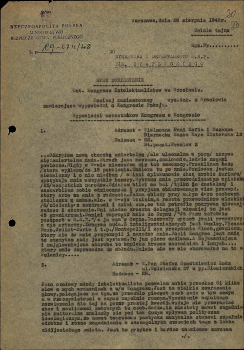 Fragmenty wypowiedzi uczestników kongresu przekazane do Ministerstwa Bezpieczeństwa Publicznego, 1948 r. Ze zbiorów AIPN