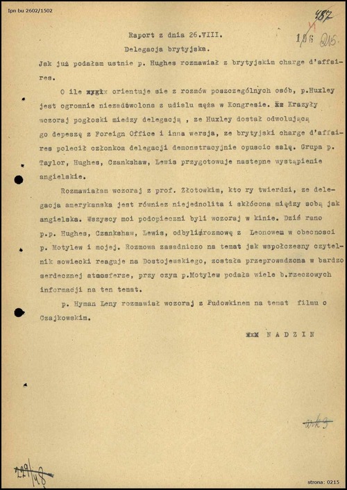 Raport złożony przez przewodnika brytyjskiej delegacji na kongres, 1948 r. Ze zbiorów AIPN