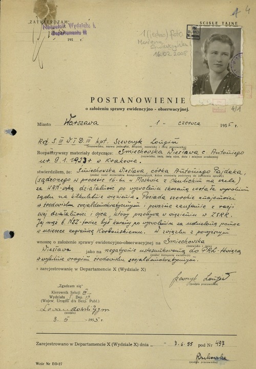 Postanowienie o założeniu sprawy ewidencyjno-obserwacyjnej na Wiesławę Śmiechowską z d. Pajdak (pierwsza strona), 1 czerwca 1955 r. Z zasobu AIPN