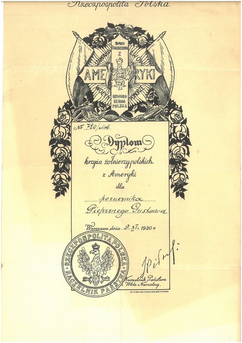 Dyplom nadania por. Gustawowi Pieprznemu Krzyża Żołnierzy Polskich z Ameryki, 1920 r. Z zasobu AIPN
