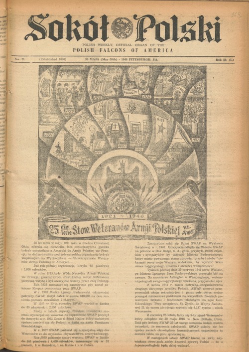 Artykuł z czasopisma „Sokół Polski” zawierający ilustrację z emblematem Krzyża Żołnierzy Polskich z Ameryki, 30 maja 1946 r. Z zasobu AIPN