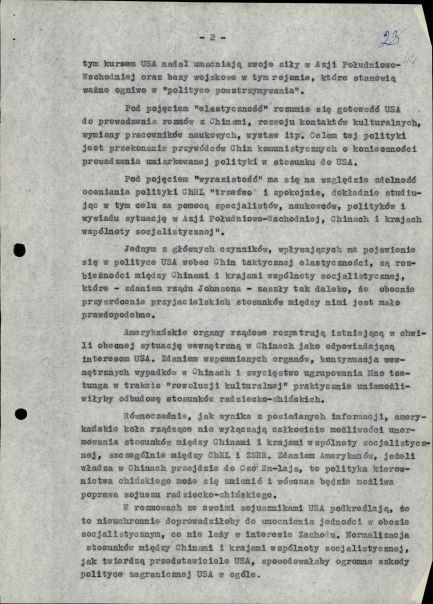„Informacja o niektórych aspektach polityki USA wobec ChRL” sporządzona 11 lipca 1967 r. przez Departament I MSW. Cały dokument zawiera 5 stron. Z zasobu AIPN