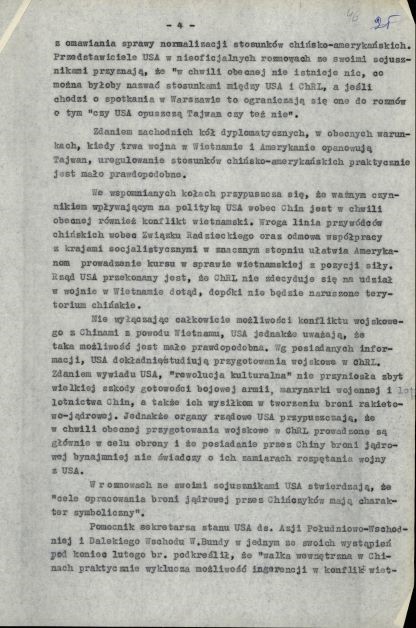 „Informacja o niektórych aspektach polityki USA wobec ChRL” sporządzona 11 lipca 1967 r. przez Departament I MSW. Cały dokument zawiera 5 stron. Z zasobu AIPN