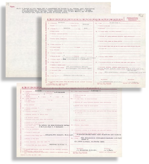 Ankiety Głównej Komisji Badania Zbrodni Hitlerowskich w Polsce. Informacje o wywiezieniu Leona Schillera i Stefana Jaracza do obozu w Oświęcimiu po dokonaniu zamachu na Igo Syma. Z zasobu AIPN