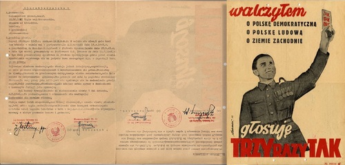 Nierozkolportowany plakat z referendum lutowego 1946 r. przecięty na pół i ponownie wykorzystany
