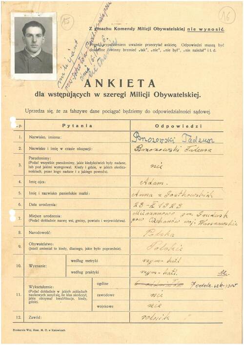 Ankieta dla wstępujących w szeregi Milicji Obywatelskiej