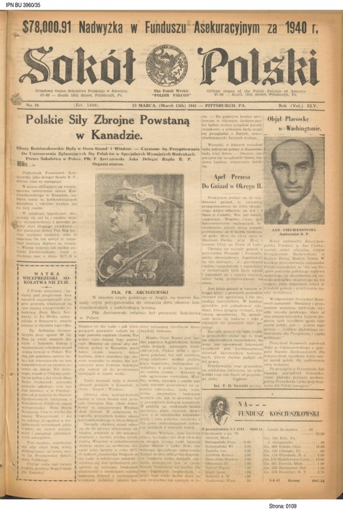 Artykuł z czasopisma Sokół Polski dotyczący rozpoczęcia formowania Polskich Sił Zbrojnych w Kanadzie, 13 marca 1941 roku