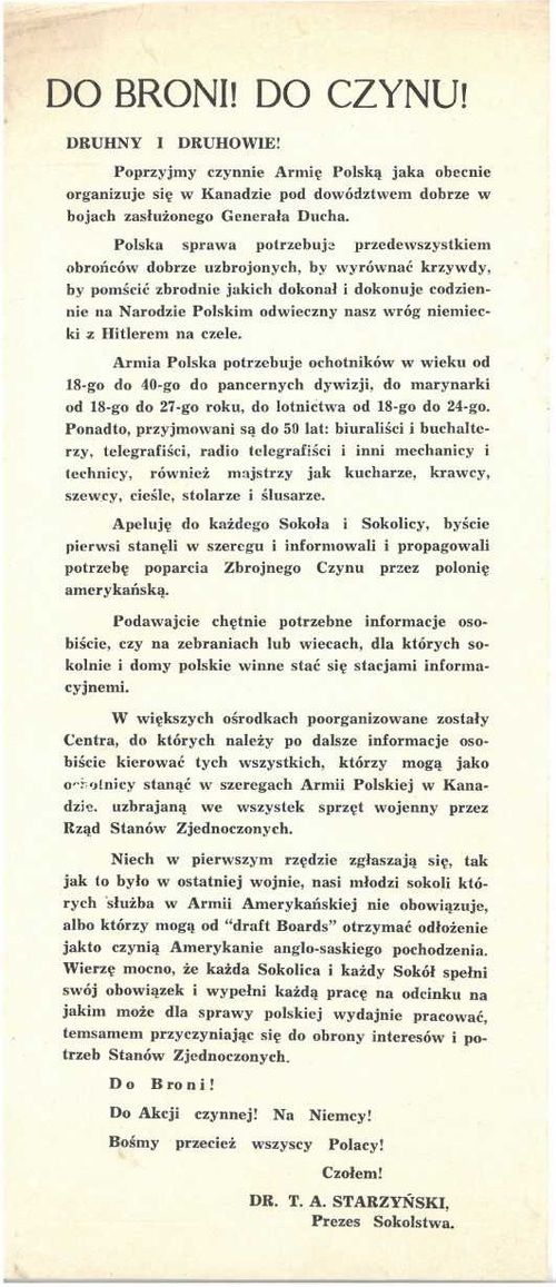 Ulotka Sokolstwa Polskiego w Ameryce wzywająca do wstępowania do Polskich Sił Zbrojnych w Kanadzie, 1941 roku