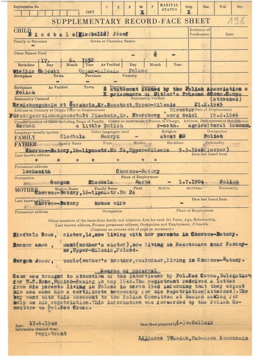 Uzupełniający arkusz ewidencyjny dot. Józefa Niedbały / Akta Pełnomocnika ds. Rewindykacji Dzieci PCK - Dzieci rewindykowane - akta osobowe N-O, l. 1943-1952 (poszyt dot. Józefa Niedbały) - GK 188/276, s. 198