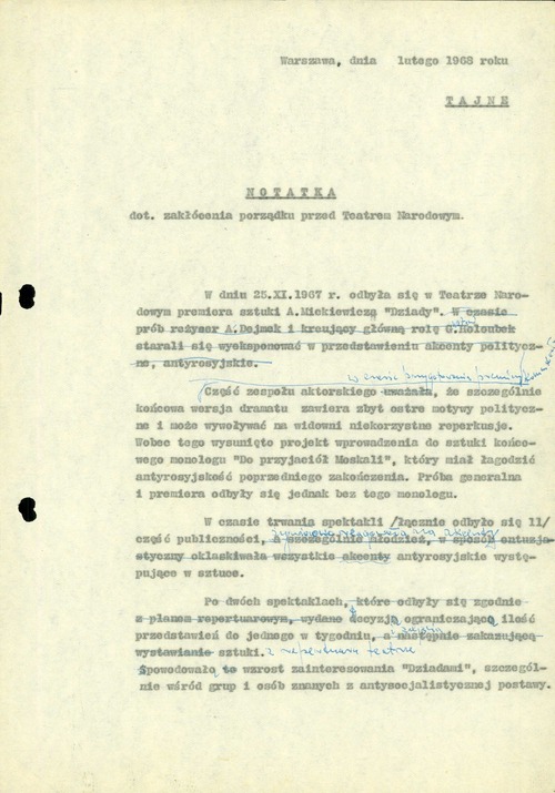 Fragment notatki płk. Henryka Piętka, dyrektora Departamentu III MSW (zajmującego się tzw. działalnością antypaństwową w kraju), na temat „Dziadów” w reżyserii Dejmka w Teatrze Narodowym (z zasobu IPN)