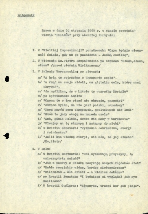 Fragment notatki płk. Henryka Piętka, dyrektora Departamentu III MSW (zajmującego się tzw. działalnością antypaństwową w kraju), na temat „Dziadów” w reżyserii Dejmka w Teatrze Narodowym (z zasobu IPN)
