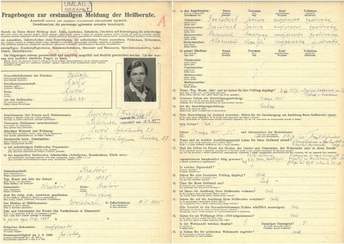 Kwestionariusz dla pierwszego zgłoszenia zawodów leczniczych dotyczący Salomei Liwszyc. Lwów, 2 października 1941 r. Z zasobu Archiwum IPN