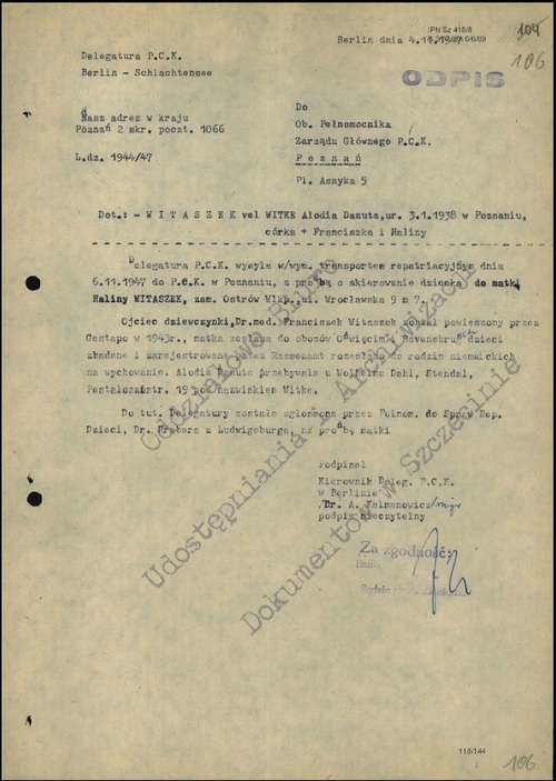 Dokument PCK dotyczący repatriacji do Polski Alodii Witaszek w 1947 roku
