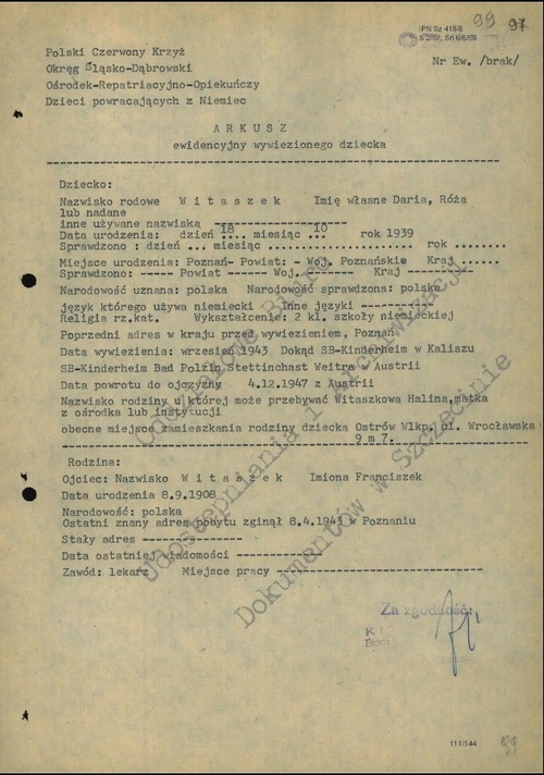 Arkusz ewidencyjny PCK dot. wywiezionego dziecka – Darii Witaszek – z zaznaczoną datą repatriacji do Polski: 4 XII 1947 roku